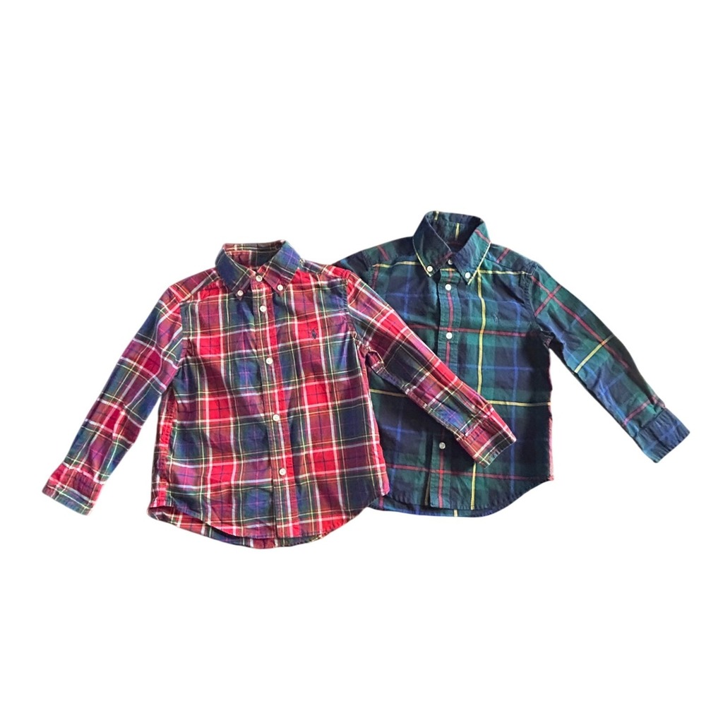 Ralph‎ Lauren Bundle Set Kids Plaid Button Down Shirt 3T Red Blue Green Classic